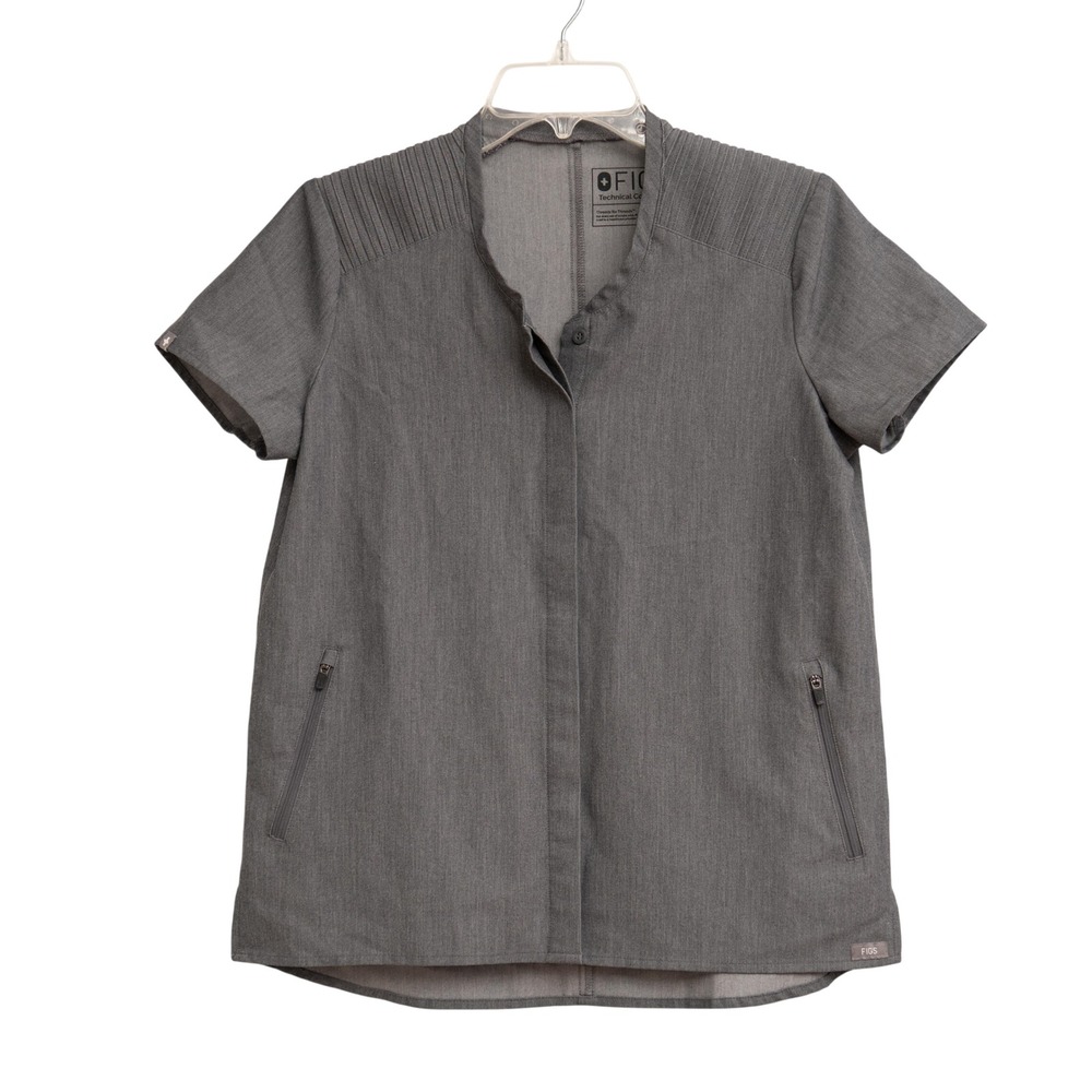 FIGS Technical Collection Gray Short Sleeve Scrub Top Pleated Shoulder XS